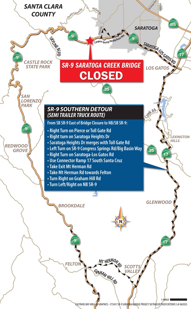 Map showing the southbound truck detour route for the closure of State Route 9 at the Saratoga Creek bridge.