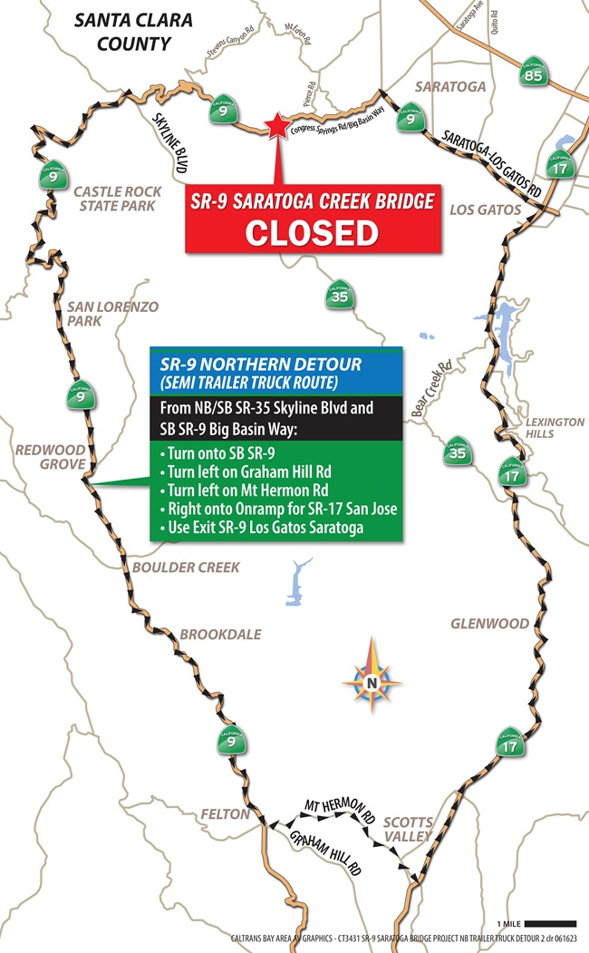Map showing the northbound truck detour route for the closure of State Route 9 at the Saratoga Creek bridge.