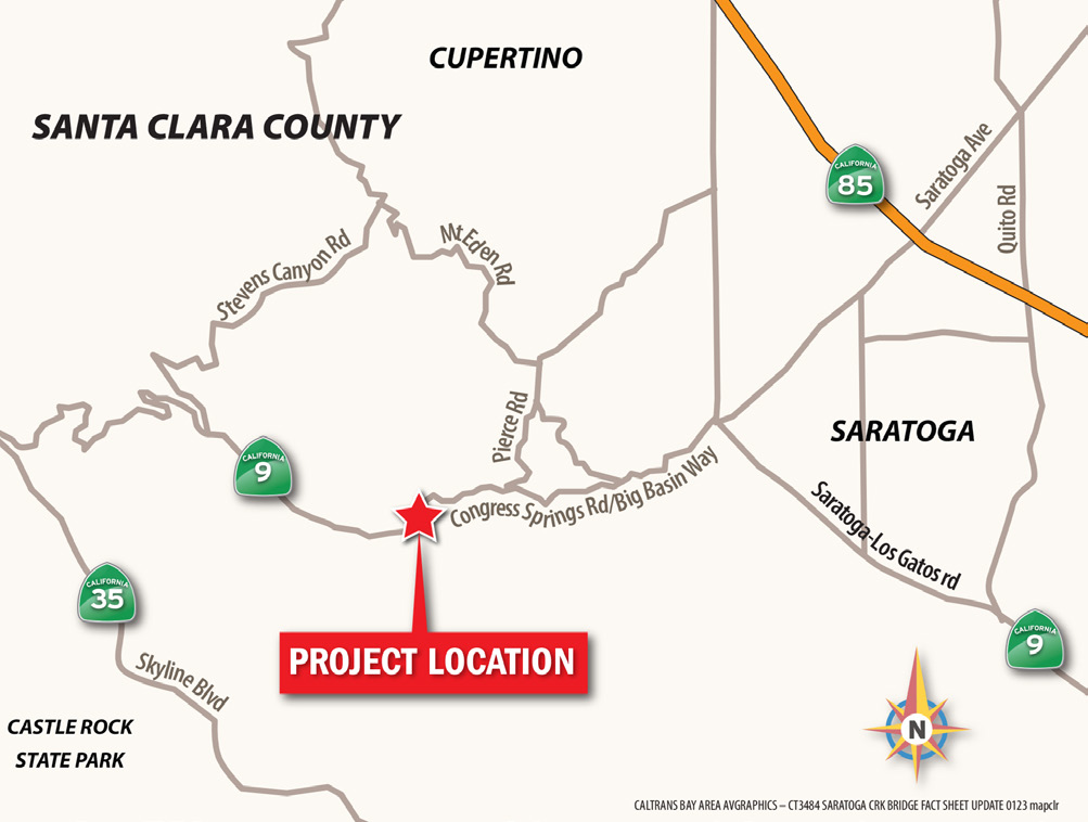 Map showing the location of the Saratoga Creek Bridge project on State Route 9 in Santa Clara County.