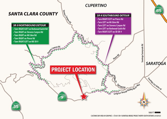 Map showing the main Northbound and Southbound detour routes for the Saratoga Creek Bridge project.