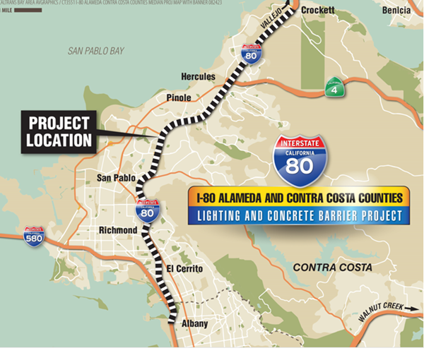 Map showing the project area for the I-80 Alameda and Contra Costa Counties Lighting and Concrete Barrier Project. The project area extends along I-80 from Buchanan Street in Alameda County to the Carquinez Bridge.