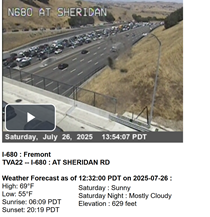 Capture from a Caltrans traffic camera showing heavy traffic on southbound Interstate 680 at Sheridan Road in Fremont. Timestamped as July 26, 2025, at 13:54:07 PDT.