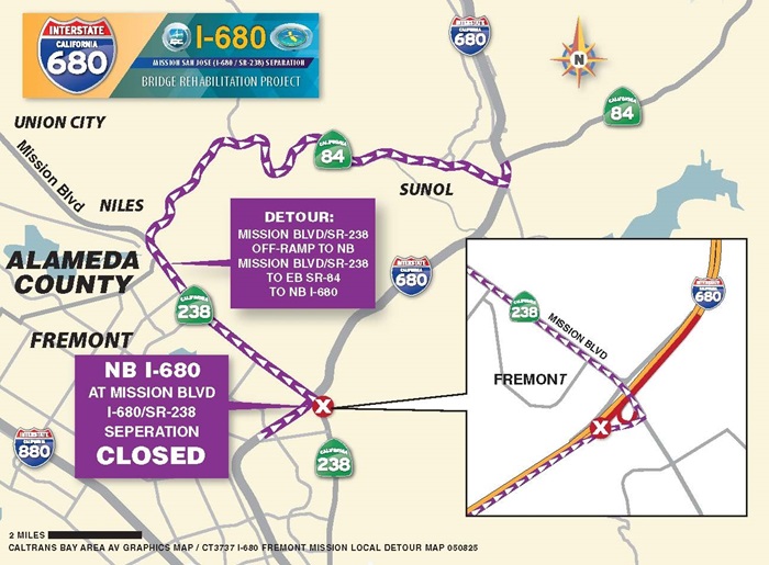 Detour map for closure of northbound I-680. Motorists traveling northbound on I-680 will need to exit right onto Mission Blvd/SR-238 Off-Ramp; Left towards NB Mission Blvd/SR-238; Continue on Mission Blvd/SR-238; Make a right onto Niles Canyon Rd (SR-84) and continue; Right onto NB I-680/SR-84 On-Ramp; Merge and continue onto NB I-680 towards Sacramento.