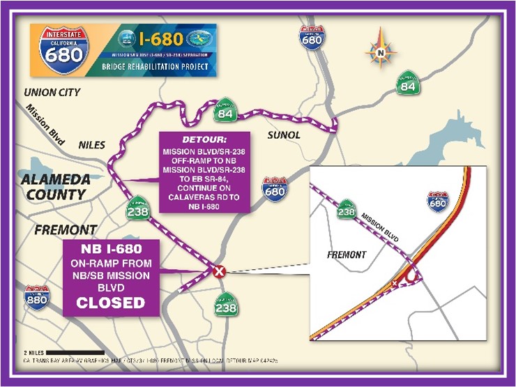 Detour map for closure of northbound I-680. Motorists traveling northbound on I-680 will need to exit right onto Mission Blvd/SR-238 Off-Ramp; Left towards NB Mission Blvd/SR-238; Continue on Mission Blvd/SR-238; Make a right onto Niles Canyon Rd (SR-84) and continue; Right onto NB I-680/SR-84 On-Ramp; Merge and continue onto NB I-680 towards Sacramento.