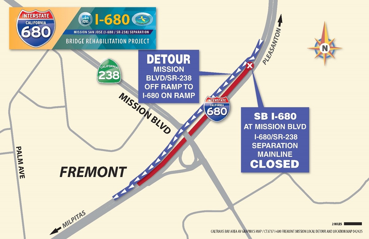 Detour map for closure of southbound I-680. Motorists traveling southbound on I-680 will need to exit right onto Mission Blvd/SR-238 Off Ramp and continue straight onto SB I-680 On-Ramp.  