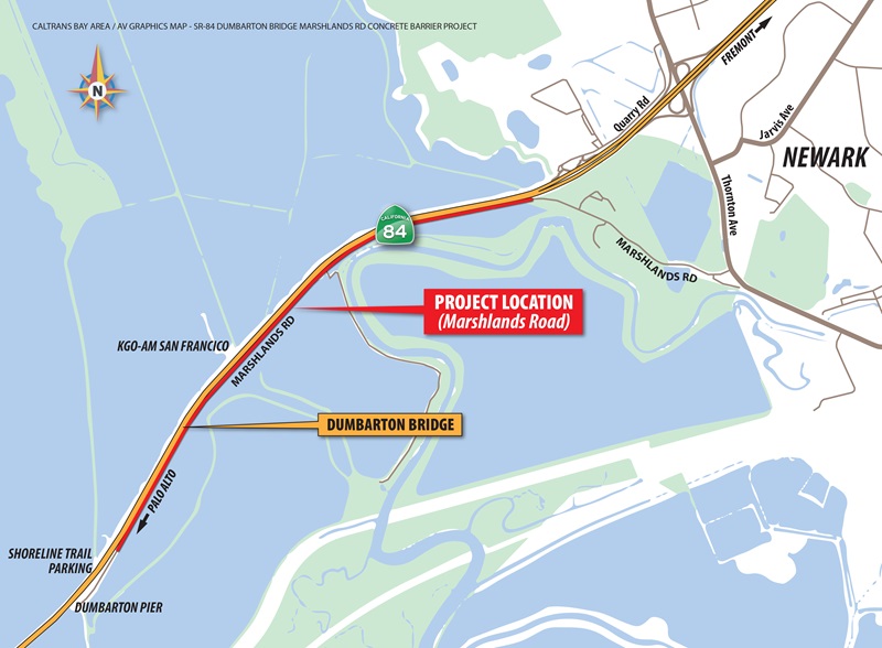 Map showing the project area for the State Route 84-Marshlands Road Barrier Project.