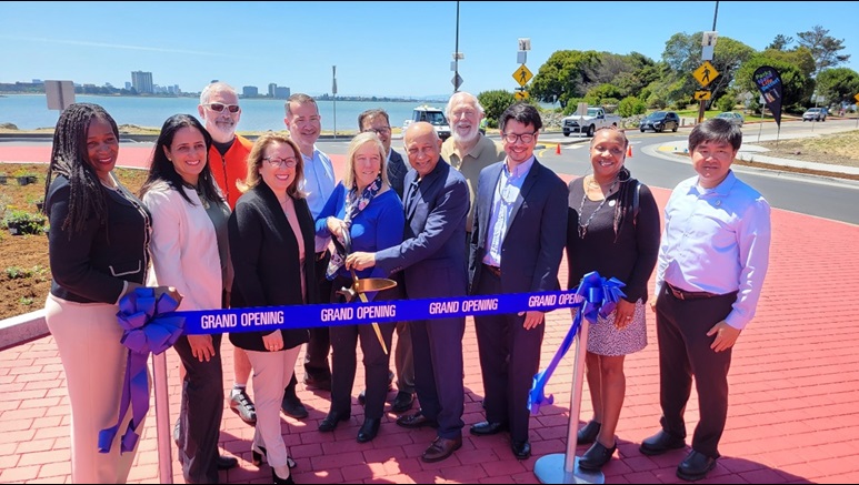 Picture of a group of representatives at the ribbon cutting ceremony for the Berkeley Waterfront beautification project on June 16, 2022.