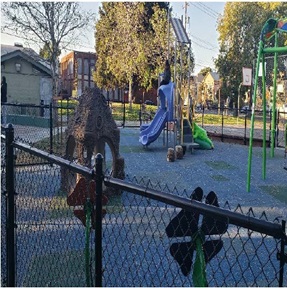Picture showing the current conditions of one of the playgrounds that will benefit from the Oakland Mini Parks Beautification Project.
