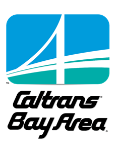 Logo for Caltrans District 4. Includes a stylized number four that resembles the eastern span  of the San Francisco Bay Bridge in front of a blue and green background. The words "Caltrans Bay Area" are written below the image.
