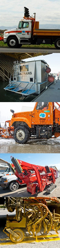 A series of five images of Caltrans equipment displayed vertically. The first image is a Caltrans truck with a white cab, orange bed, and a lighted sign above the cab is parked on the side of a roadway. The second image is a silver boat with orange buoys on the side is sitting next to a dock. The word 