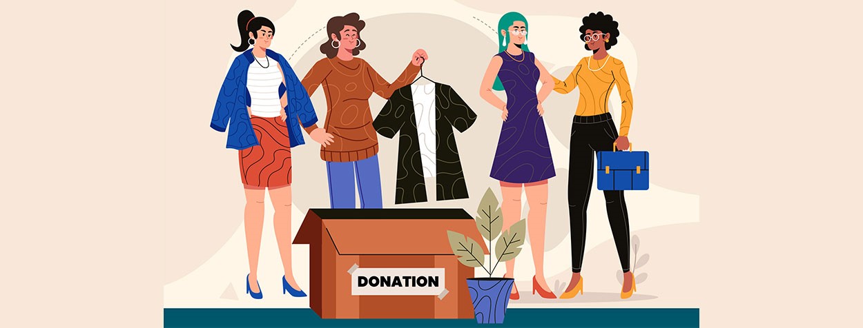 Illustration of four women standing behind a box labeled "DONATION". One woman is holding a dress on a hanger above the donation box while another is holding a briefcase.