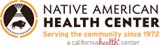Logo for the Native American Health Center. Features a circular logo with an icon of a brown bison on top of a white conical tent. To the right of the logo is the text 