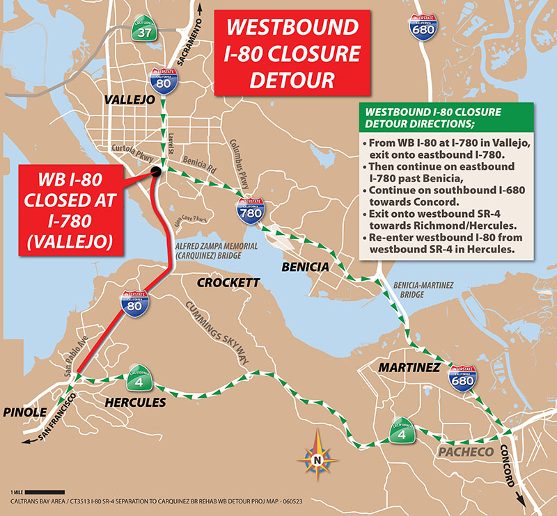 Map showing the westbound detour route for the I-80 Pavement Rehabilitation Project in Contra Costa County.