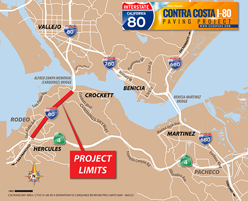 Map showing the project area of the I-80 Pavement Rehabilitation Project in Contra Costa County. The project area exists between Hercules and Crockett.