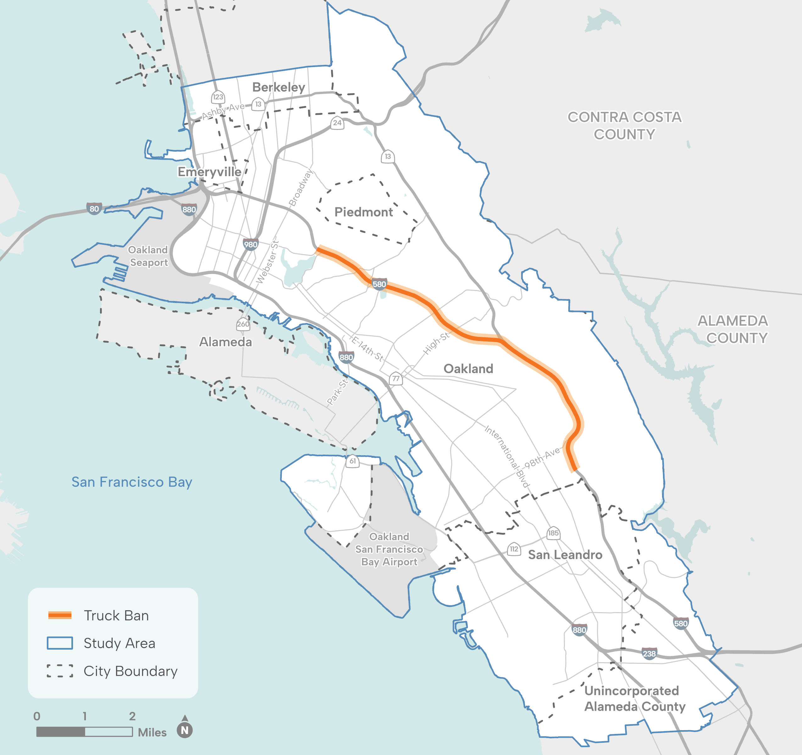 Map Interstate 580 Truck Access Study Project in Alameda County.