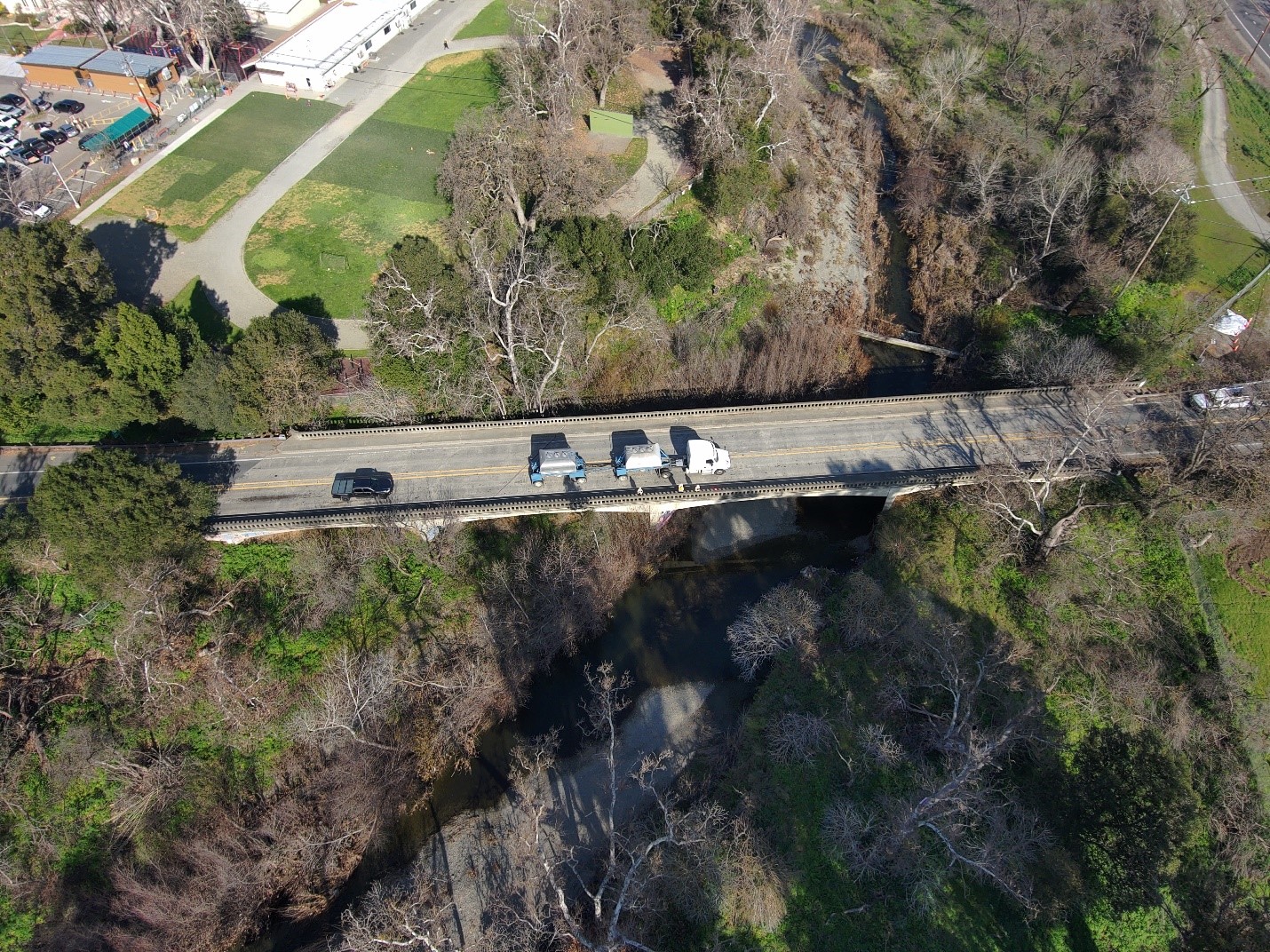 Overhead view of Arroyo de la Laguna Bridge on State Route 84 (Niles Canyon Road) in Alameda County.