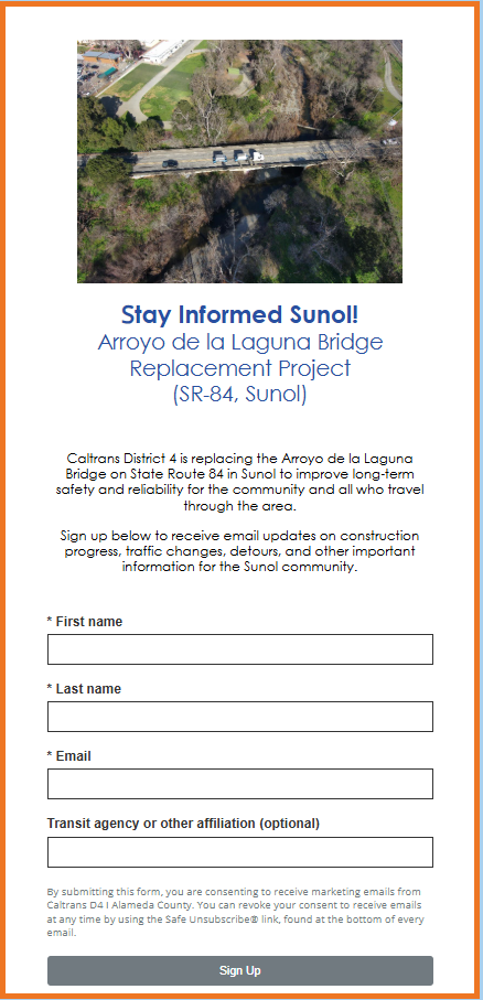 Screenshot of the Constant Contact sign-up form for email updates about the Arroyo de la Laguna Bridge project.