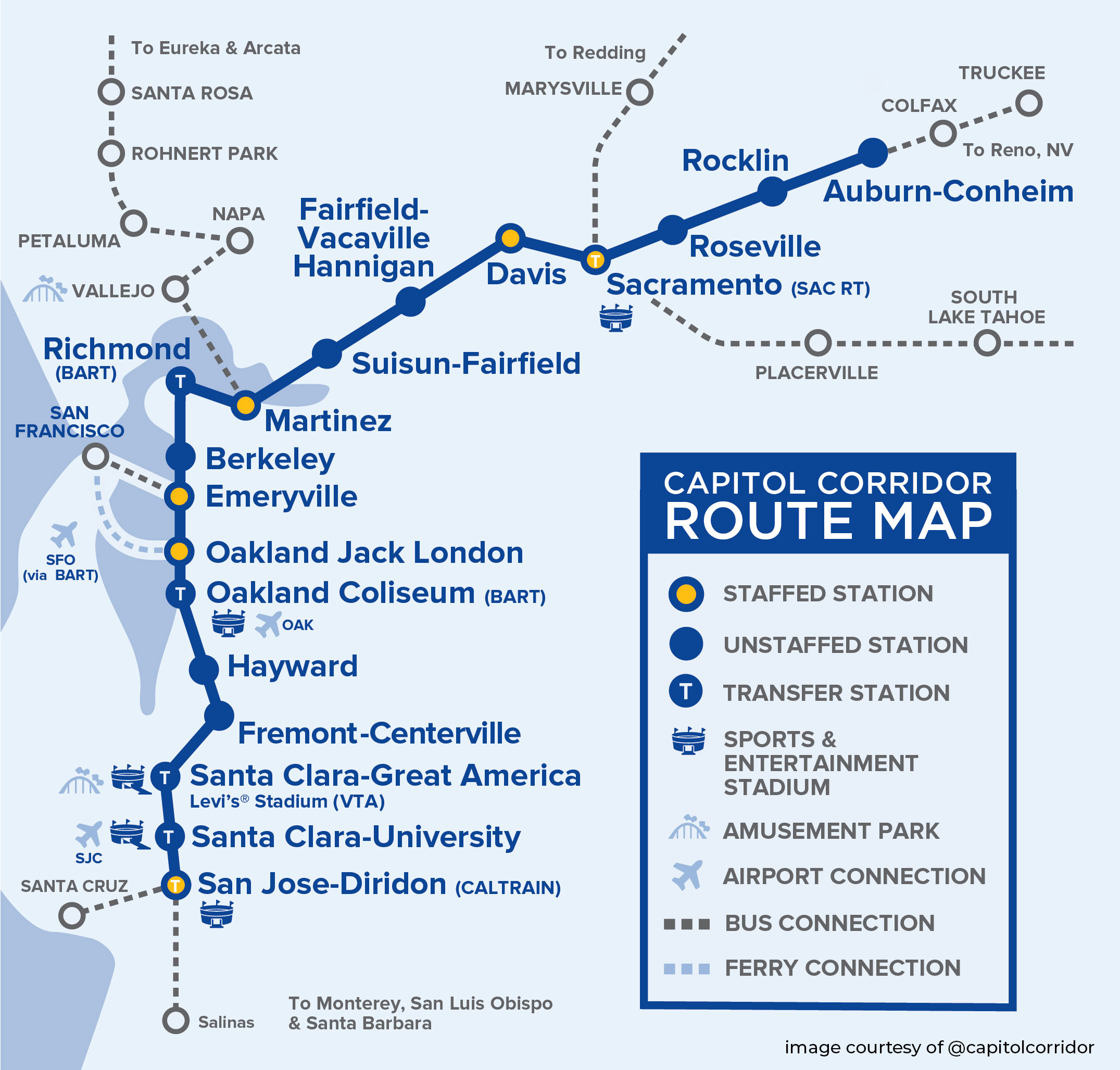 Capital Corridor Amtrak Route Map published in 2022.