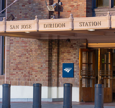 Image of the San Jose - Diridon Amtrak station building front entrance.