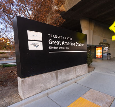 Santa Clara-Great America Amtrak Station sign.