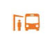 Icon of man standing next to bus at bus stop.