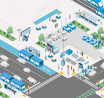 A rendering of a Mobility Hub center.