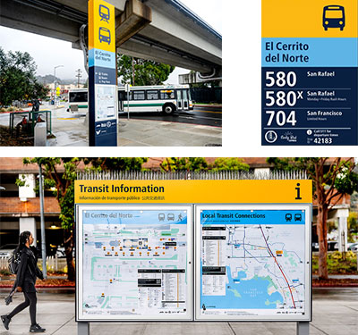A collage of images for Wayfinding, that shows a Transit Information kiosk, a bus sign and a detailed bus sign with bus line information. 