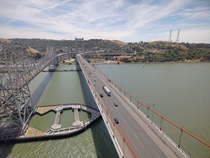 Aerial photo of the Alfred Zampa Memorial (Carquinez) Bridge looking southward towards Contra Costa County. The eastern span of the Carquinez bridge can be seen along the left side of the photograph.