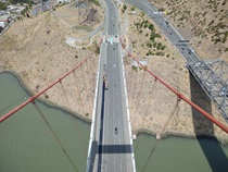 Aerial photo of the Alfred Zampa Memorial (Carquinez) Bridge looking looking down towards the roadway.