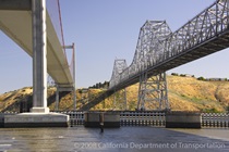 Looking up from beneath the two spans of the Carquinez Bridge.