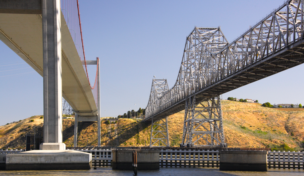 Looking up from beneath the two spans of the Carquinez Bridge.