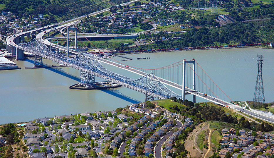 Looking southward towards the Carquinez Bridge with Vallejo in the foreground and Contra Costa County in the background.