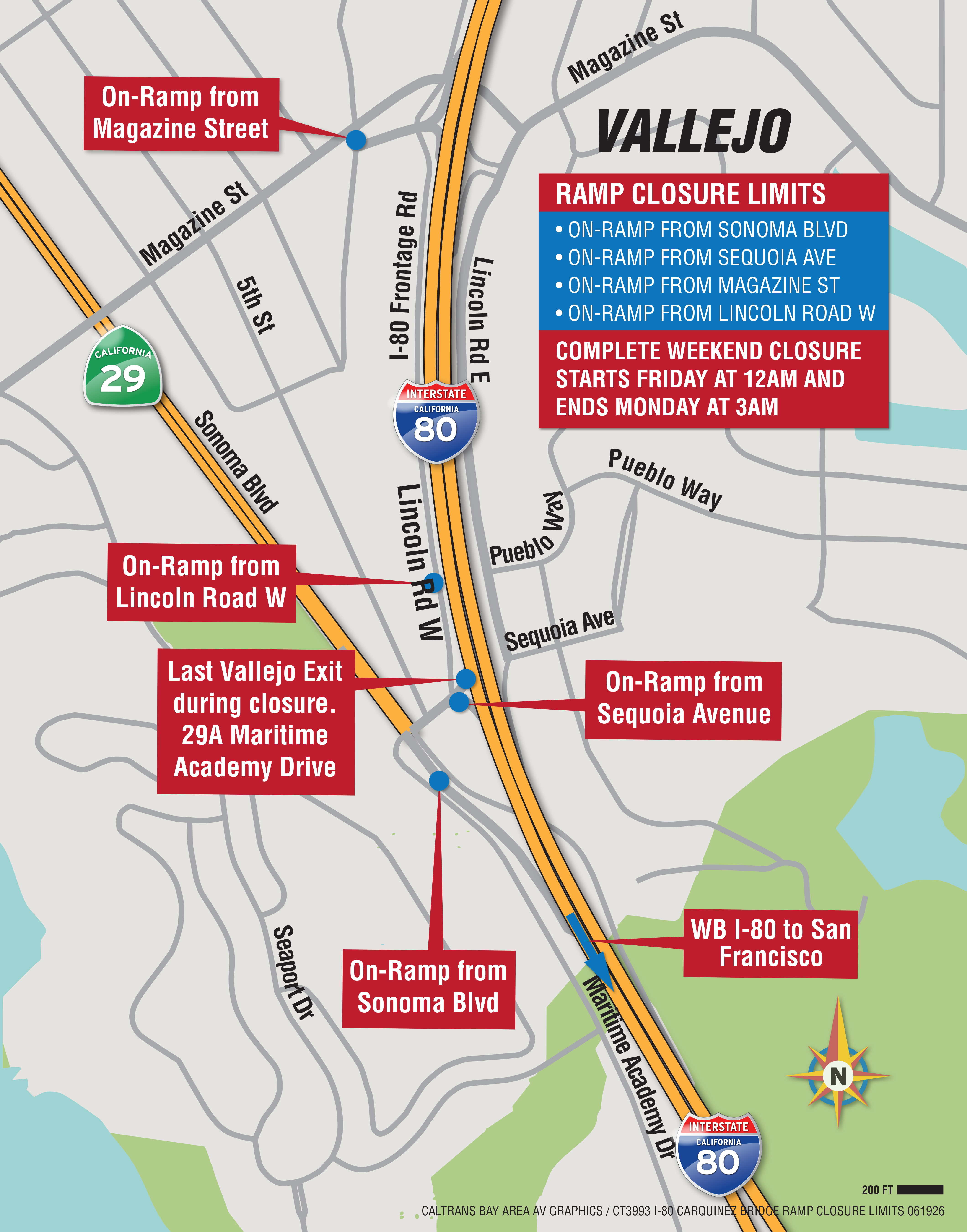 Map showing the onramps to westbound 80 in South Vallejo that will be closed as part of the closure of Interstate 80 at the Alfred Zampa Memorial (Carquinez) Bridge.