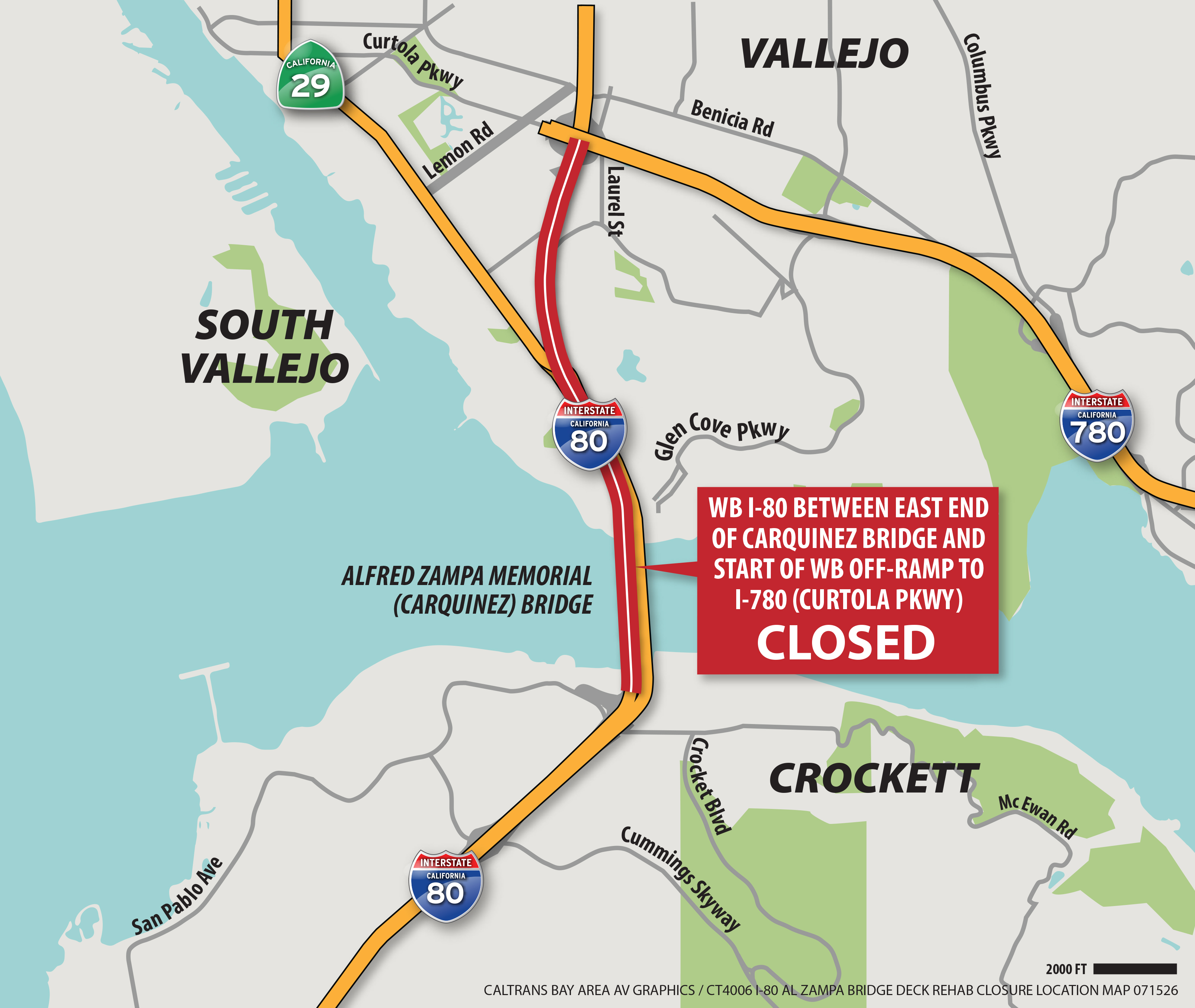Map showing the Al Zampa Bridge Deck Rehabilitation project closure area on westbound Interstate 80 between the exit to Interstate 780 in Vallejo and the town of Crockett.