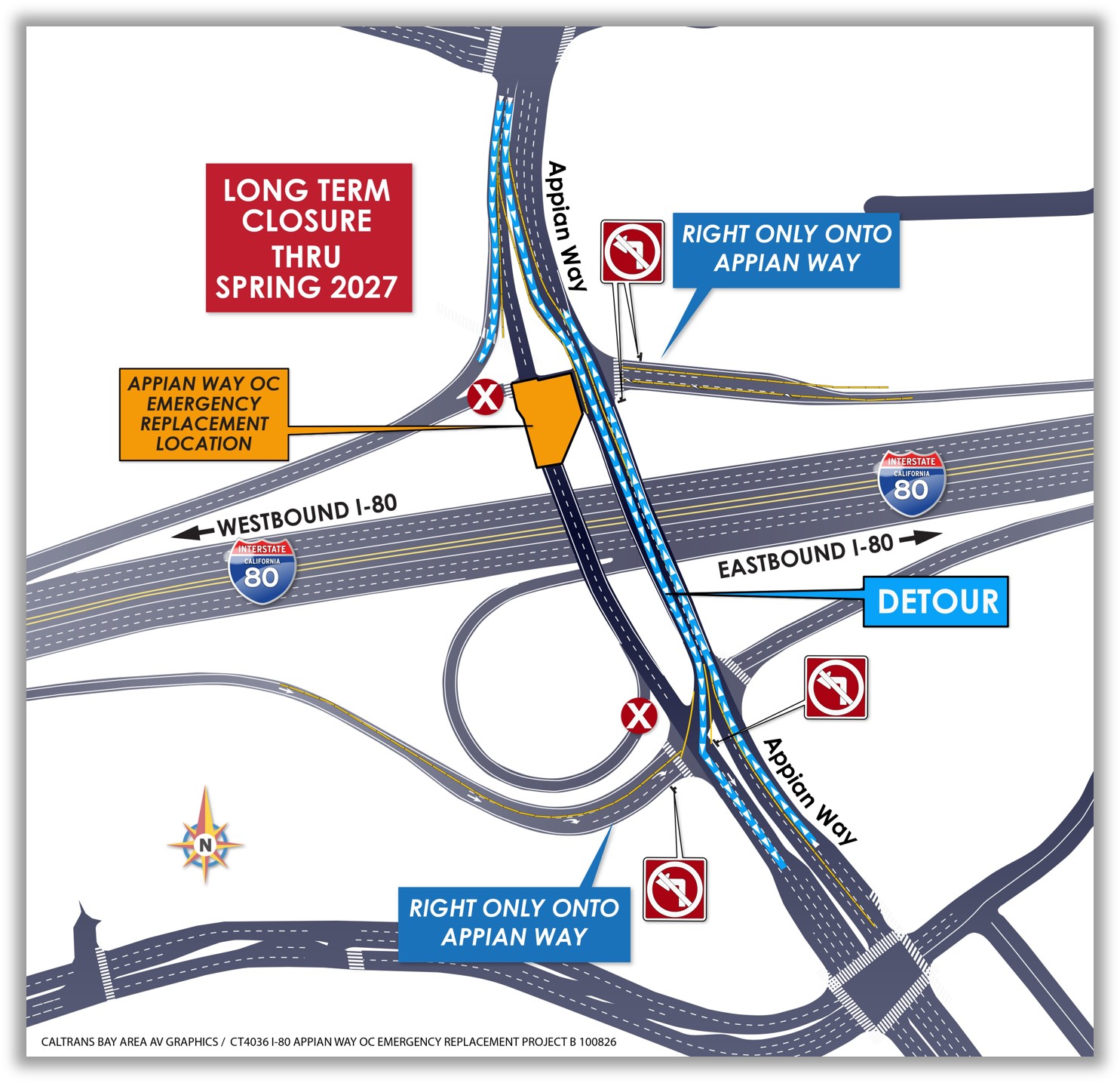 Appian Way Overcrossing Emergency Replacement Project Map and Detour. Long-term closure thru Spring 2027. Right only onto Appian Way from westbound and eastbound I-80 ramps.