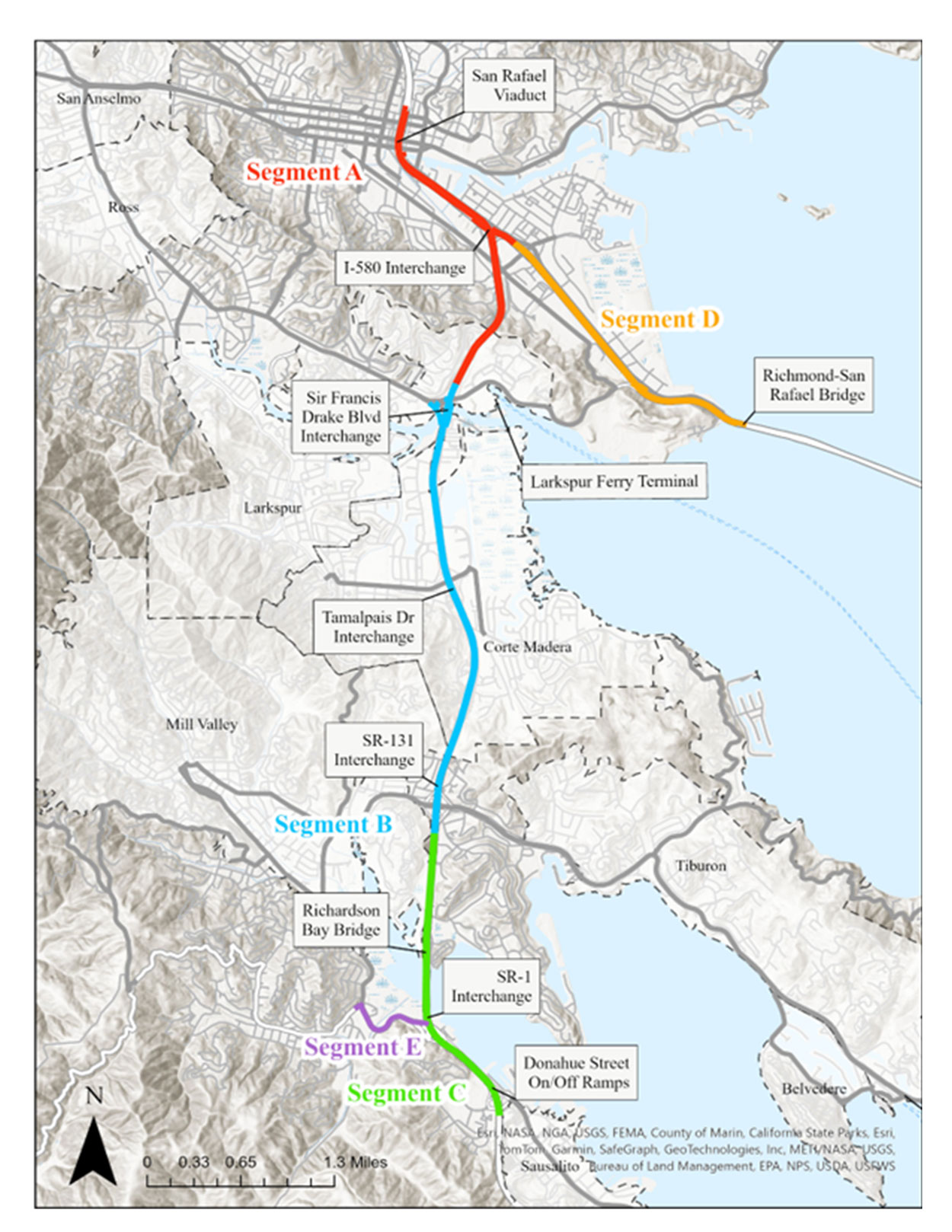 Map of the Marin 101 Adaptation Planning Feasibility Study, the corridor includes five study segments . Segment A: US-101 San Rafael Creek Bridge to Sir Francis Drake Blvd., including the Interstate (I)-580 interchange. Segment B: Sir Francis Drake Blvd. interchange to the US-101/State Route (SR)-131 Interchange, including Lucky Dr. by the Corte Madera Creek. Segment C: US-101/SR-131 interchange to the Donahue St. on/off ramps in Marin City. Segment D: I-580 from the US-101/I-580 Interchange to the western approach of the Richmond/San Rafael Bridge. Segment E: SR-1 from Tam Junction to the US-101/SR-1/Manzanita Interchange.