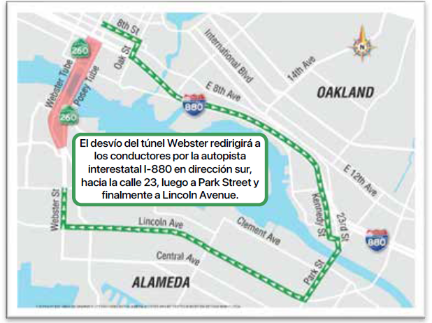 El desvío del túnel Webster redirigirá a los conductores por la autopista interestatal I-880 en dirección sur, hacia la calle 23, luego a Park Street y finalmente a Lincoln Avenue