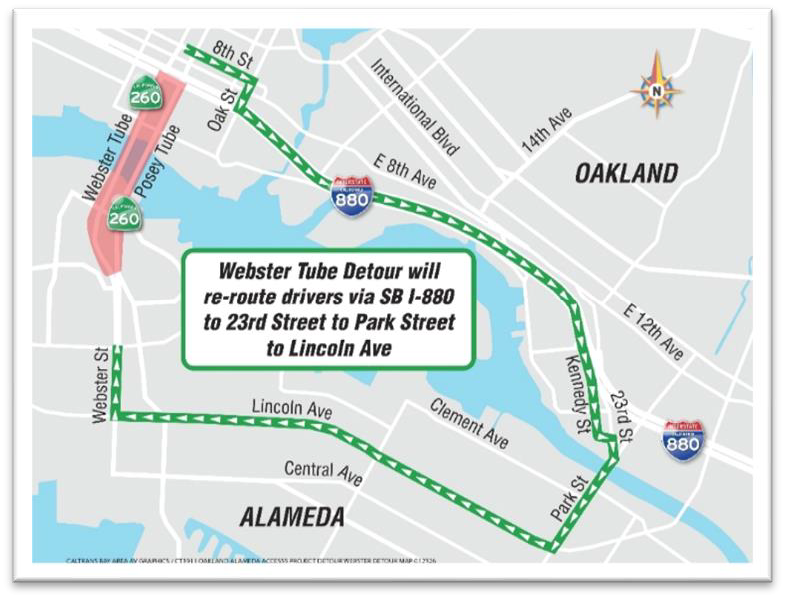 Detour map for nightly closures of the Webster Tube, State Route 260. Webster Tube detour will re-route drivers via SB I-880 to 23rd Street to Park Street to Lincoln Ave.