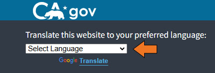 Orange arrow pointed to Caltrans Translate language options on webpage.