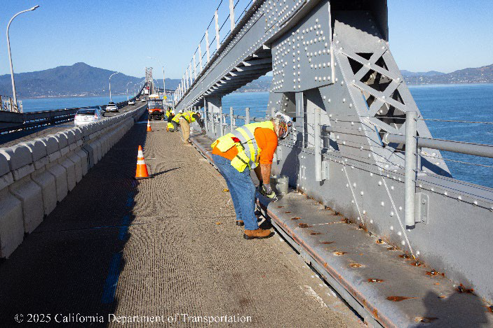 Caltrans working on the Richmond-San Rafael Bridge for the Richmond San Rafael Bridge Substation Upgrades.