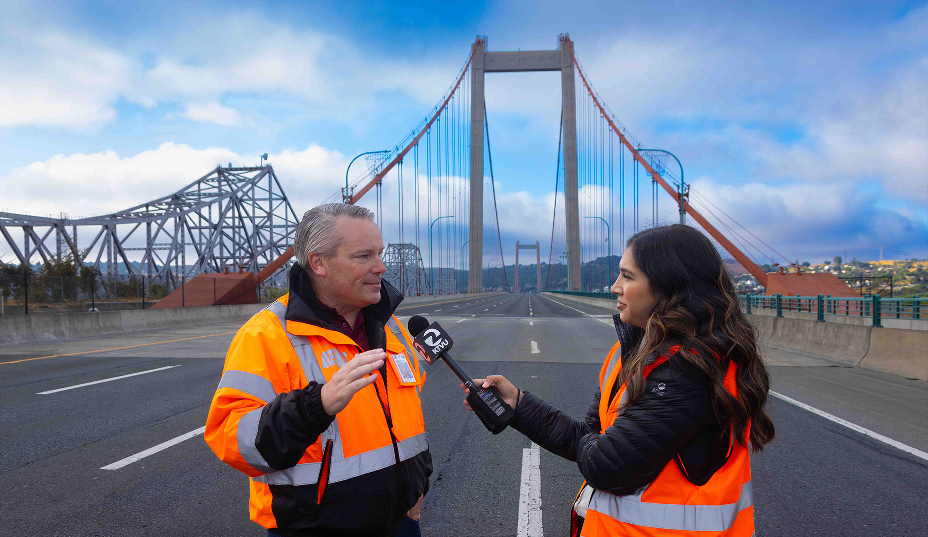 Bart Ney of Caltrans being interviewed by reporter
