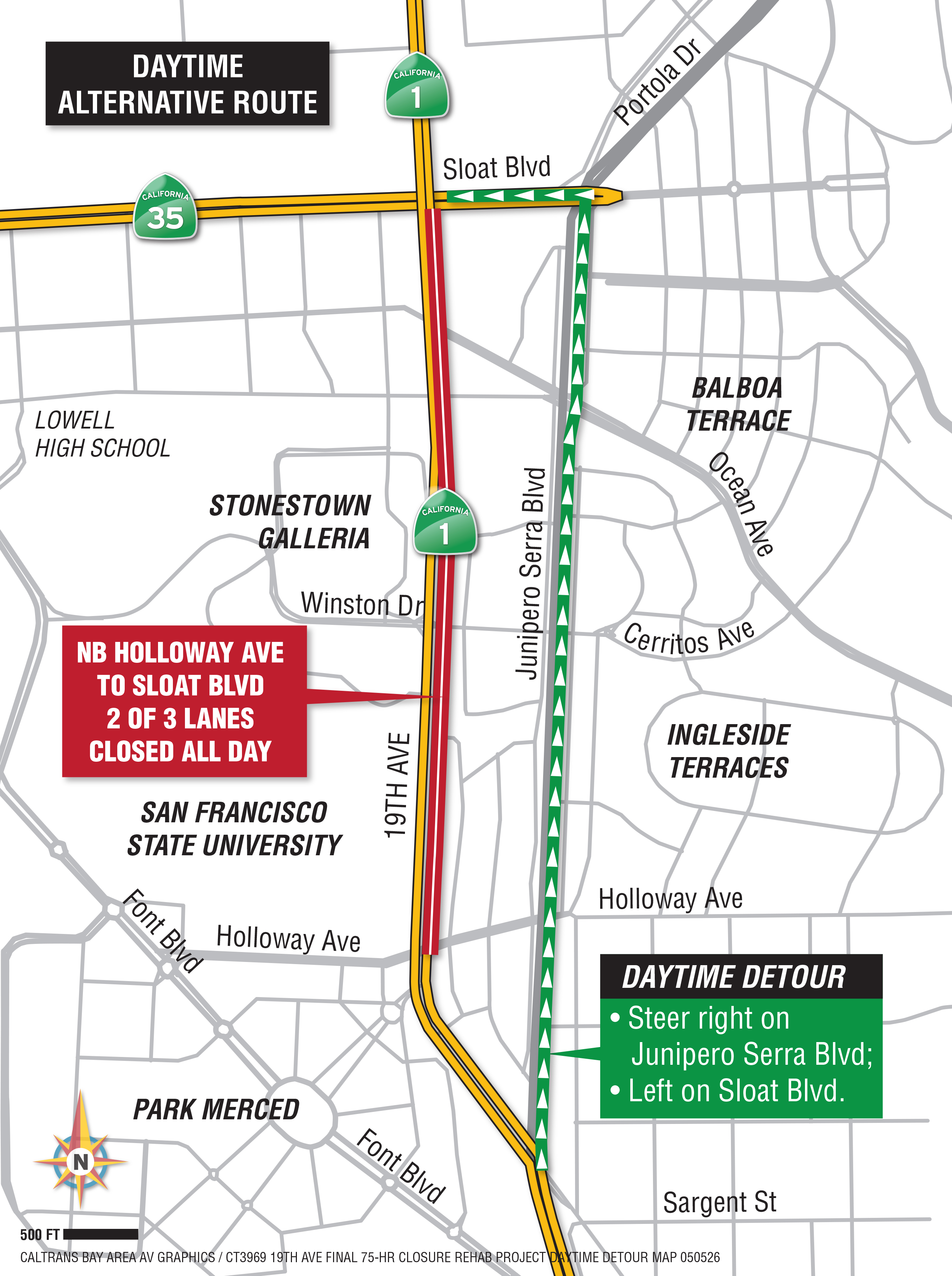 Daytime detour map for the closure of northbound 19th Avenue between Holloway Ave and Sloat Blvd. Motorists traveling northbound on 19th Avenue should steer right onto Junipero Serra Blvd before turning left on Sloat Blvd to return to19th Avenue.