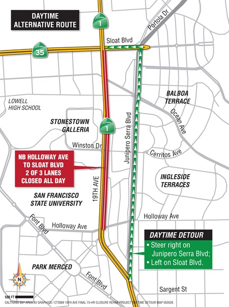 Daytime detour map for the closure of northbound 19th Avenue between Holloway Ave and Sloat Blvd. Motorists traveling northbound on 19th Avenue should steer right onto Junipero Serra Blvd before turning left on Sloat Blvd to return to19th Avenue.