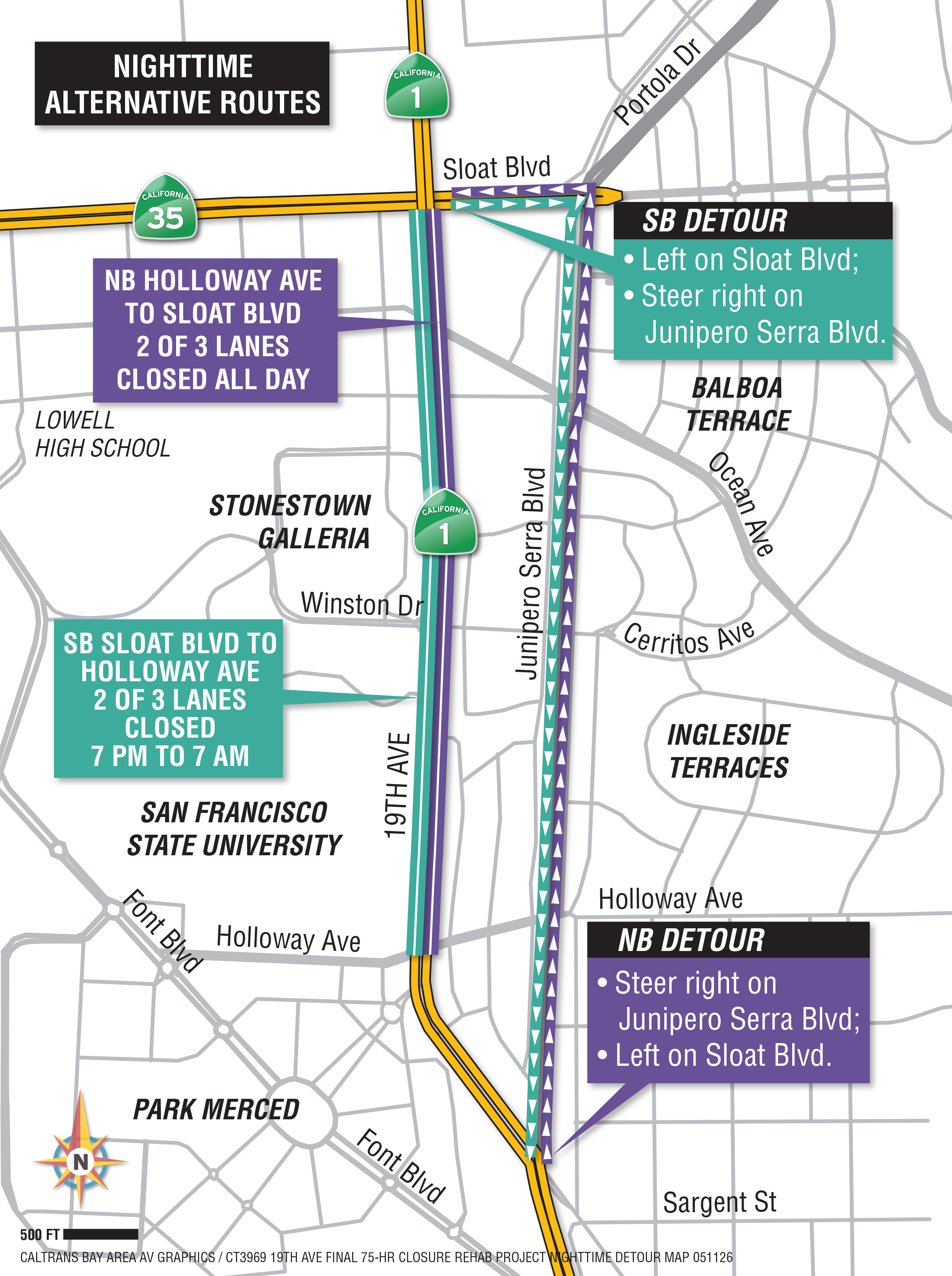 Nighttime detour map for the closure of 19th Avenue between Holloway Ave and Sloat Blvd. Motorists traveling northbound on 19th Avenue should steer right onto Junipero Serra Blvd before turning left on Sloat Blvd to return to19th Avenue. Motorists traveling southbound on 19th Avenue should turn left onto Sloat Blvd and then turn right onto Junipero Serra Blvd to get back to 19th Avenue.