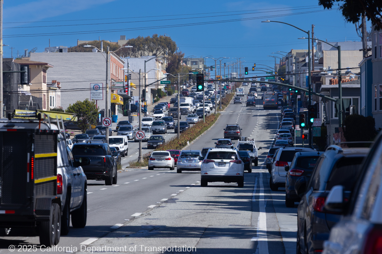 Cars traveling along State Route 1, also known as 19th Avenue in San Francisco.