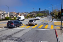 Cars at an intersection on State Route 1, also known as 19th Avenue in San Francisco, where rehabilitation of the entire length of pavement along 19th avenue from Golden Gate Park to SFSU, and upgrade facilities to ADA standards will take p