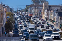 Cars traveling along State Route 1, also known as 19th Avenue in San Francisco, where rehabilitation of the entire length of pavement along 19th avenue from Golden Gate Park to SFSU, and upgrade facilities to ADA standards will take p