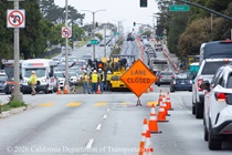 Lane Closed sign and cars on 19th Avenue (State Route 1) as Caltrans is resurfacing the existing asphalt pavement on Northbound 19th Avenue from Sloat Boulevard to Lincoln Way as work continues on the19th Avenue Paving and Rehabilitation project.