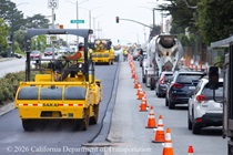 Caltrans on heavy equipment resurfacing the existing asphalt pavement on Northbound 19th Avenue from Sloat Boulevard to Lincoln Way as work continues on the 19th Avenue Paving and Rehabilitation project.