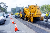 Caltrans using heavy equipment to resurface the existing asphalt pavement on Northbound 19th Avenue from Sloat Boulevard to Lincoln Way as work continues on the 19th Avenue Paving and Rehabilitation project.
